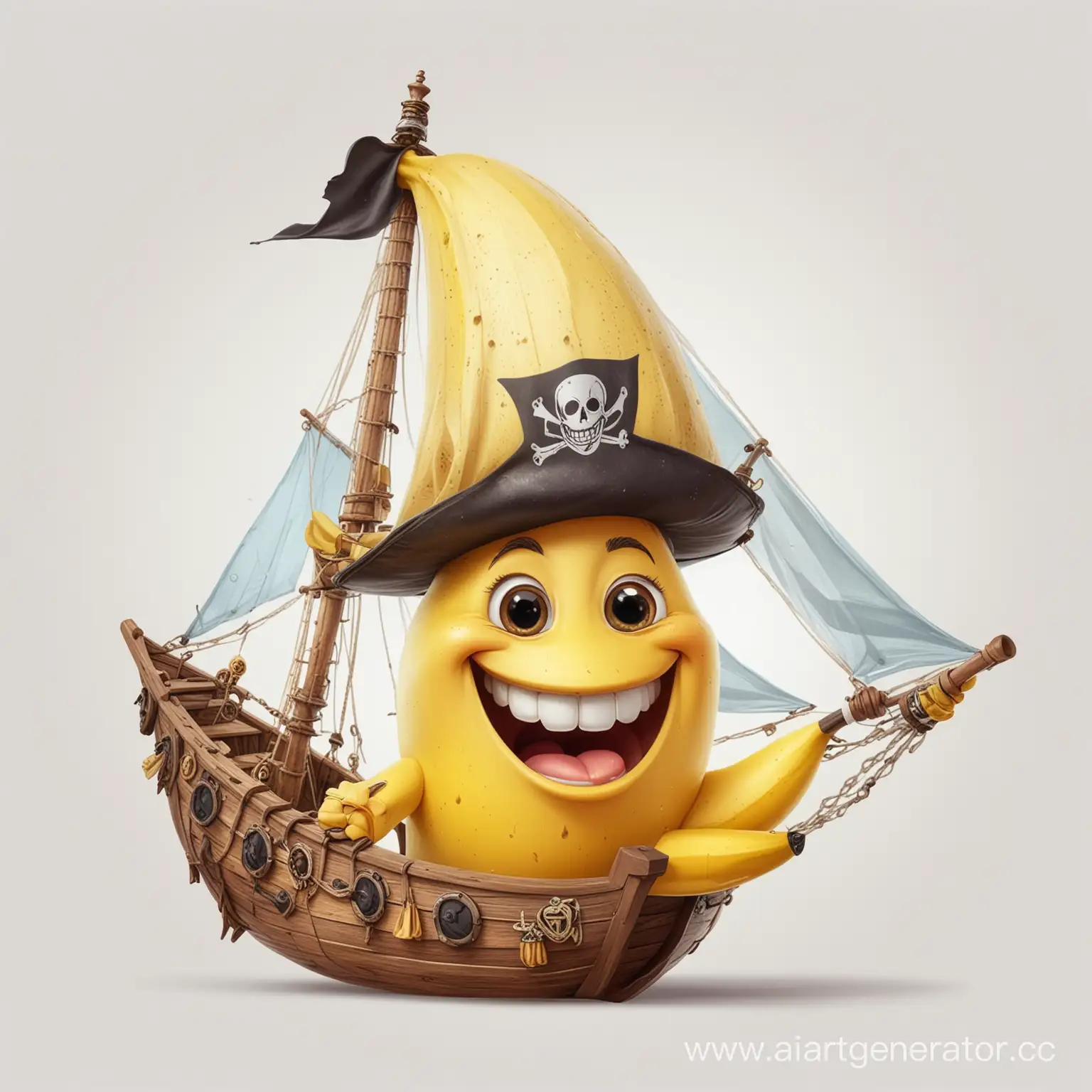 рисунок как в мультике:фрукт банан, улыбается, веселый, с лицом капитана пиратского корабля, в треугольной шляпе на прозрачном фоне