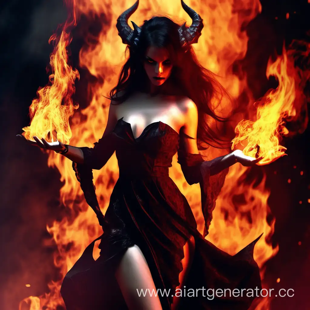 девушка демон, соблазнительная, в платье, фэнтези, огонь магия