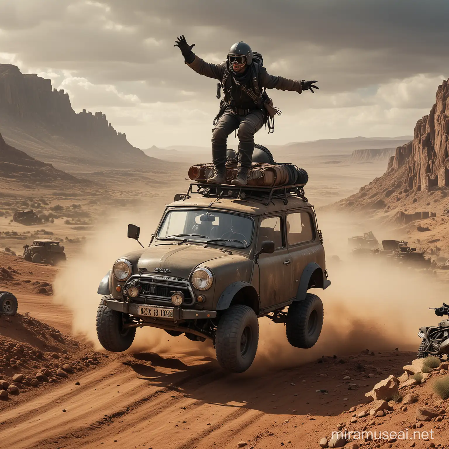 Mad Max Style Mini Austin Classic Jumping Over Hill in PostApocalyptic World
