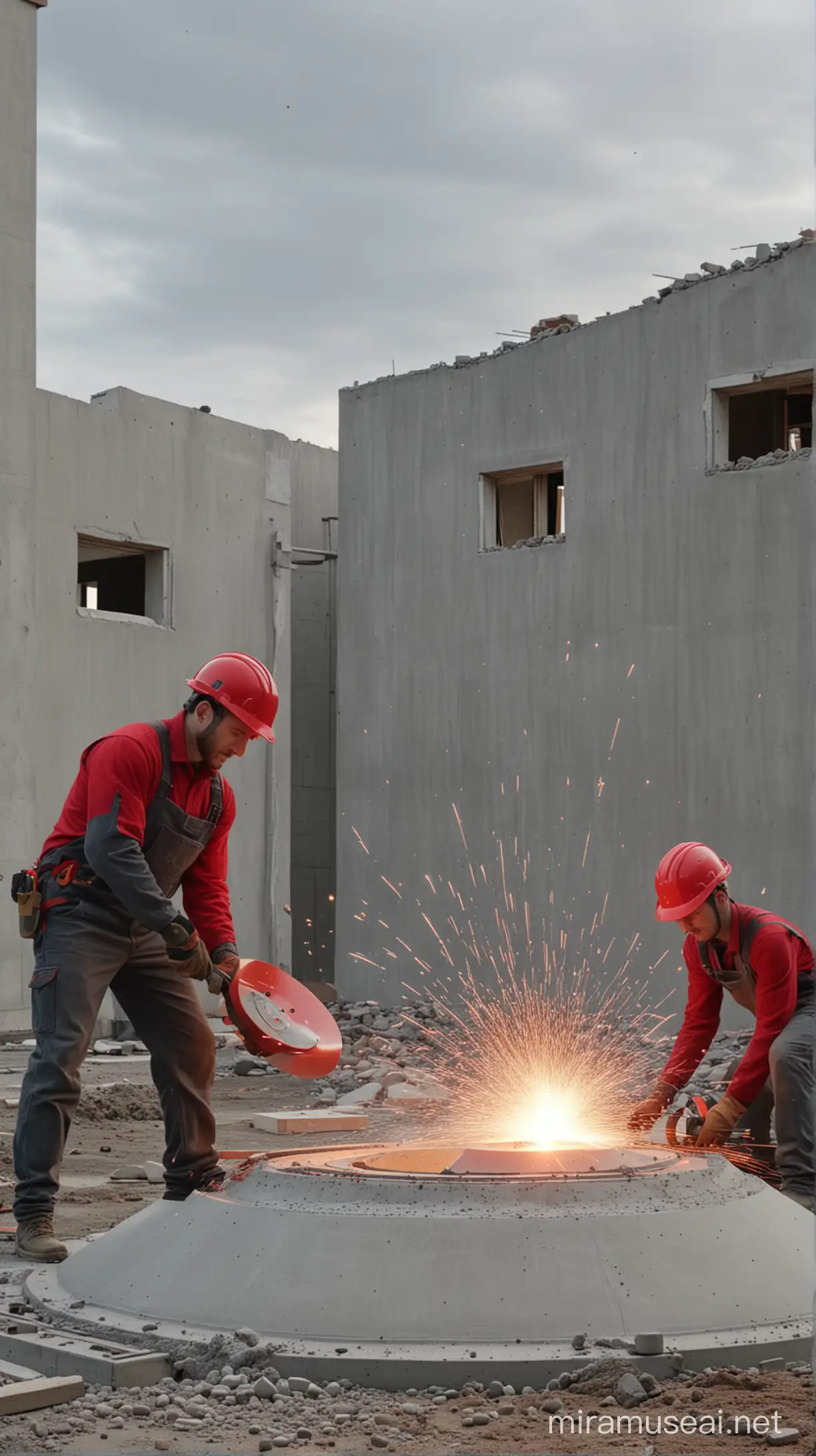 Builders in red helmets cut concrete with a diamond disk, sparks flying in all directions, a gray house in the background, 4K