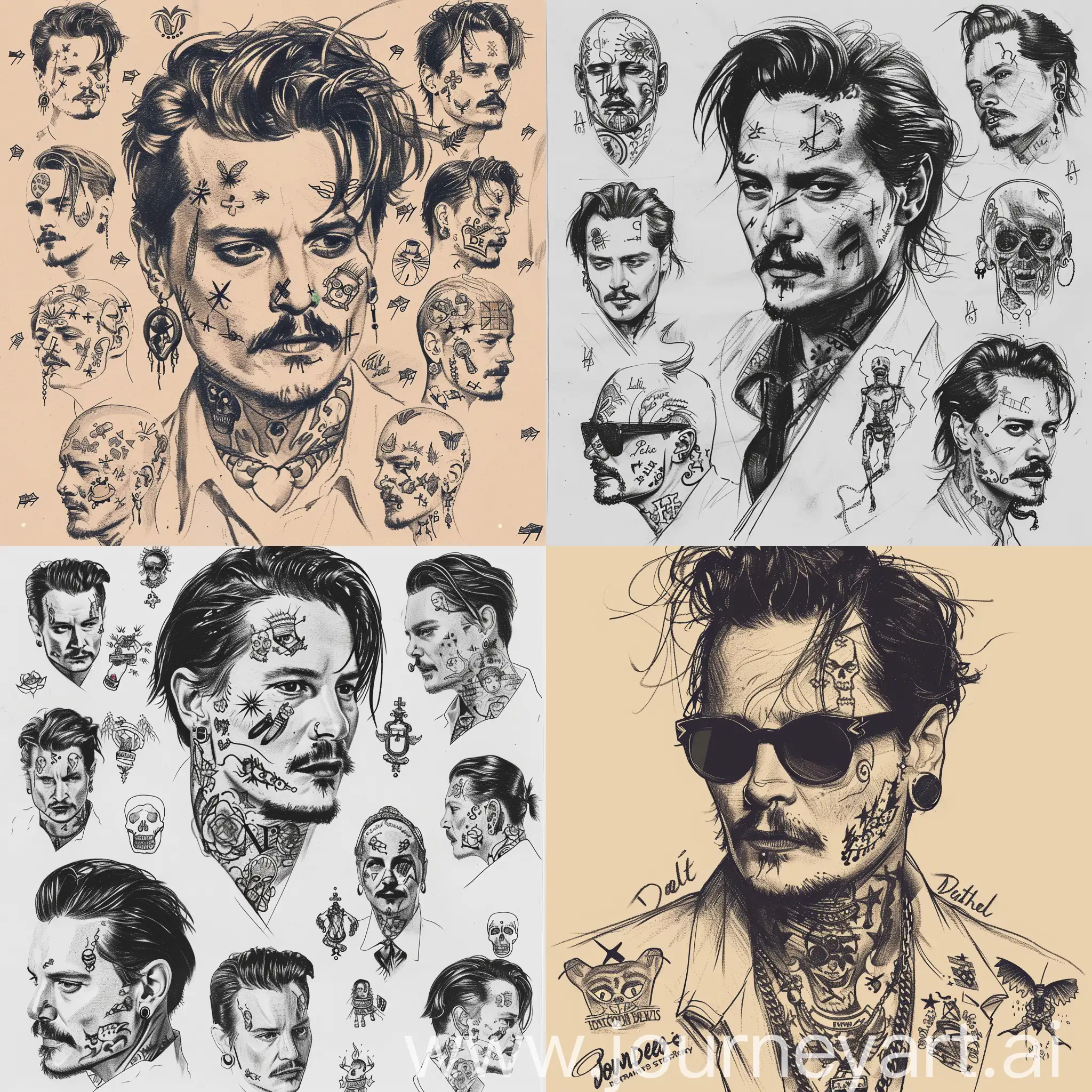 Изучи все татуировки Джонни Деппа, и нарисуй несколько эскизов в похожем стиле