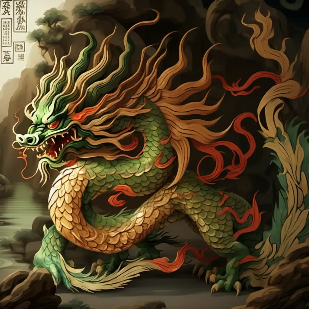 Earthbound Mythological Chinese Dragon in Ancient Asian Art Style