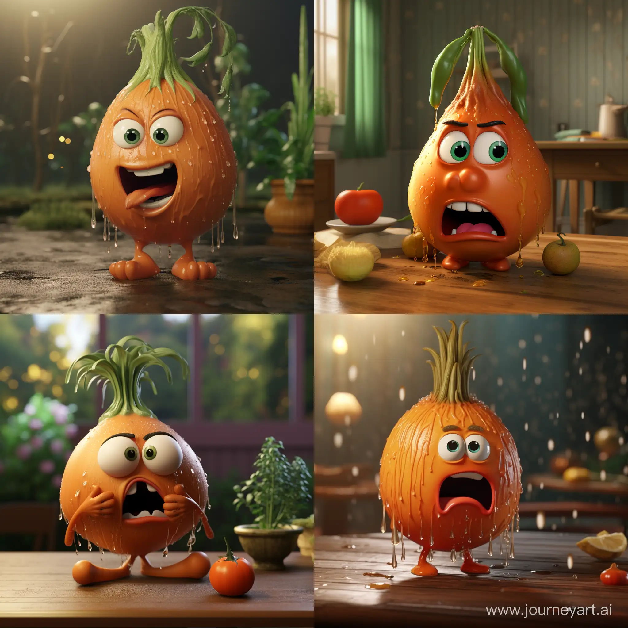 A talking onion is crying. 3D animation 
