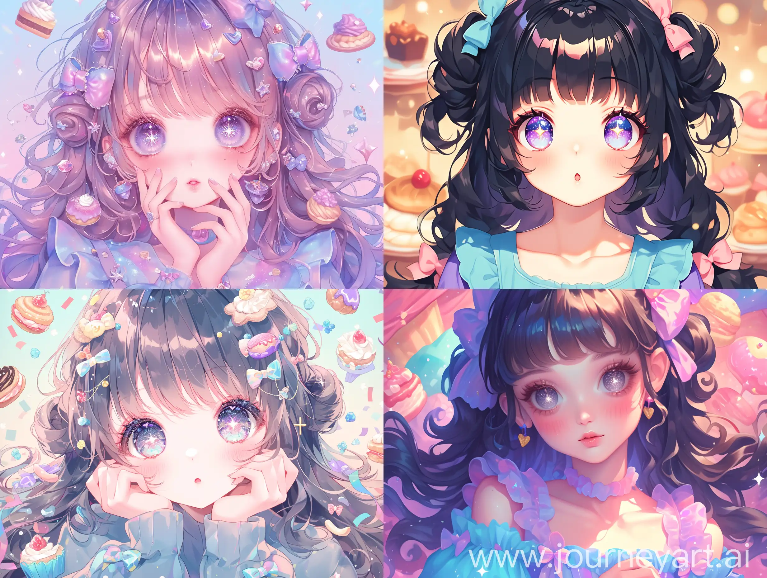 A cute girl with light black slightly curly long hair hairstyle, big anime eyes, sparkling eyes, super cute, wearing cute soft sweet dream clothes, blue and purple soft sweet dream clothes, sweet pastries, romantic charm, 32k, fairy tale anime style, kawaii art, warm background, ultra high definition quality, natural light, laser set，Textured, perfect details --niji 6 --ar 4:3