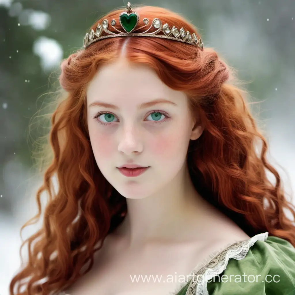 Postcard for Valentine's Day, end of the 19th century, Germany. Beautiful, majestic young woman of 22 years, red hair, snow-white skin, green eyes, dressed as a princess.