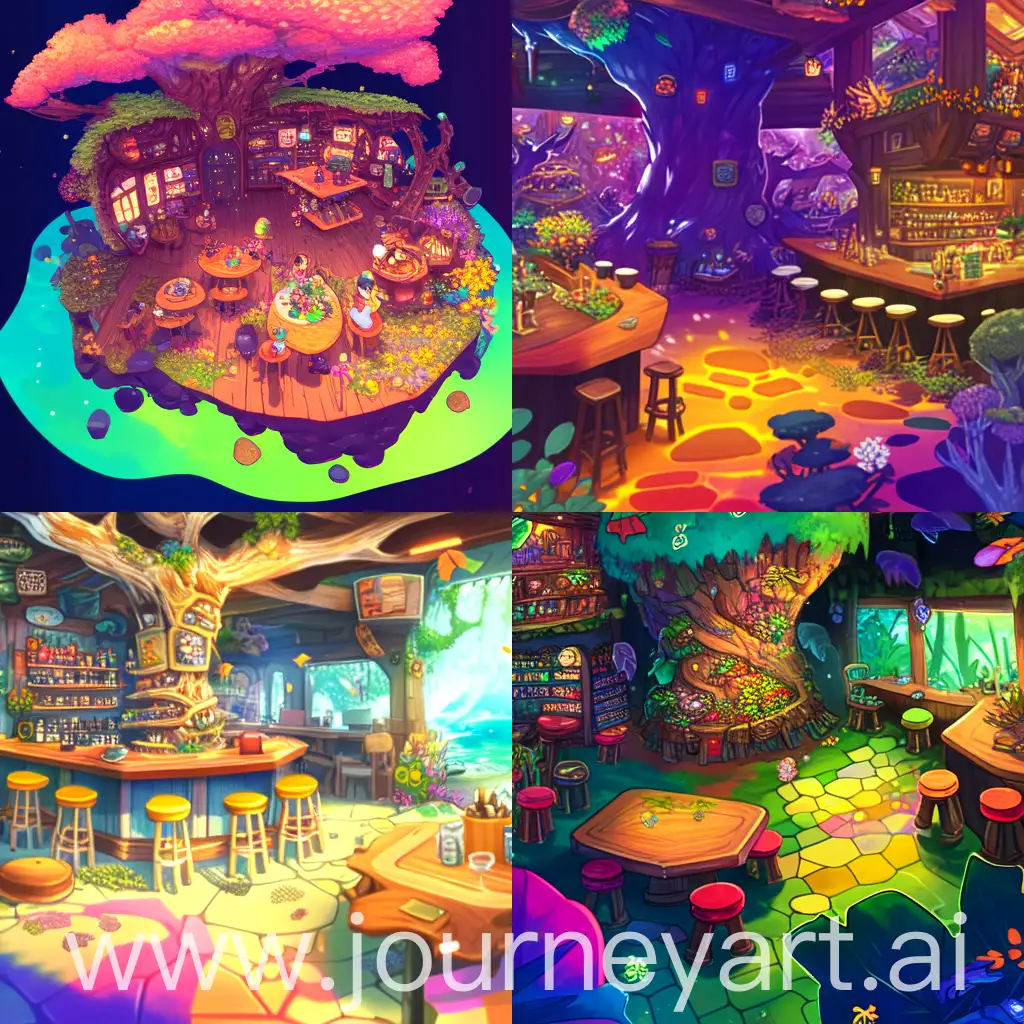 'In the style of a woodland animal fairy tale ((hexagonal log cabin pop bar, large black-spotted frog and  several smaller ones, drinking on bar stools))(focus), charming, friendly characters on vibrant, colorful backgrounds capture the eye and spark young readers' imaginations.