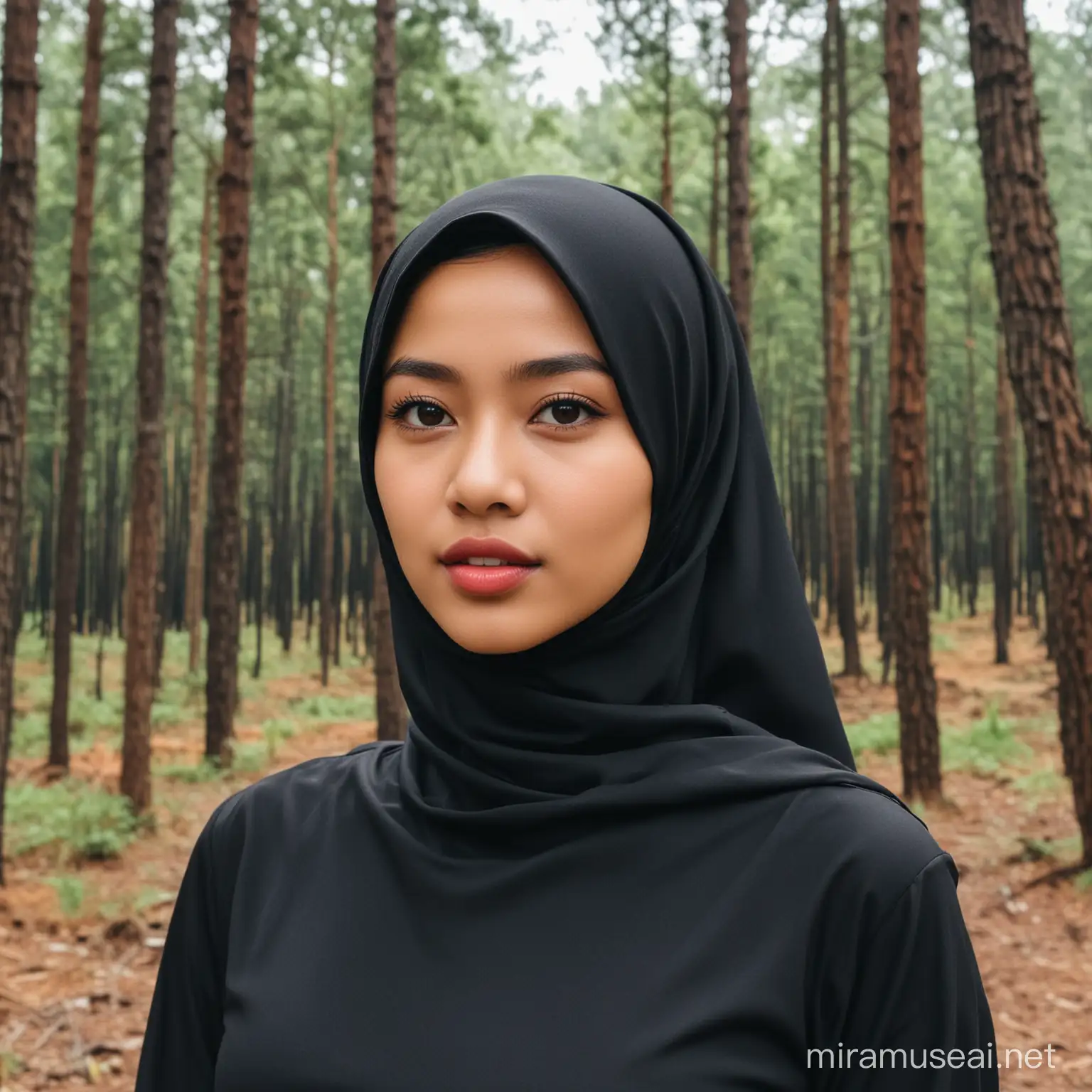 Indonesian Celebgram Woman in Black Dress and Hijab Amidst Pine Forest