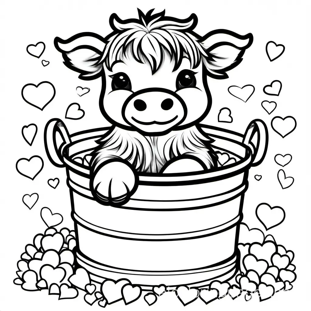 Cute baby Highland calf cow long hair sitting in a bucket surrounded by floating hearts border cartoon coloring line drawing, Coloring Page, black and white, line art, white background, Simplicity, Ample White Space. The background of the coloring page is plain white to make it easy for young children to color within the lines. The outlines of all the subjects are easy to distinguish, making it simple for kids to color without too much difficulty