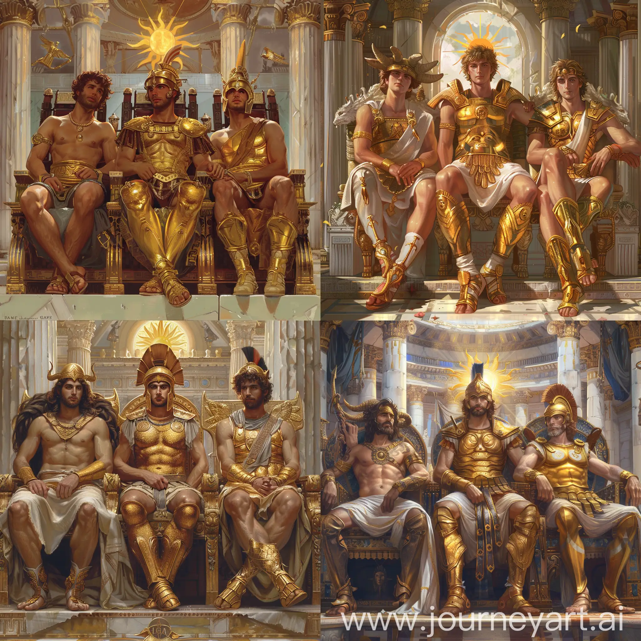 Three handsome mature Greek Gods are sitting on their imperial thrones. They are all about 30 years old.

At left, there is Dionysus.

At right, there is Mercury.

In the middle, there is Apollo in golden armor and boots, with a sun Aurora behind Apollo's head.

They are both inside a splendid greek temple.