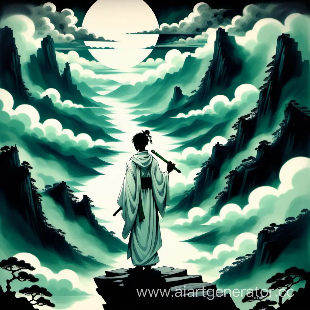 Mystical-Flute-Player-on-Mountain-Peak-Amidst-Clouds