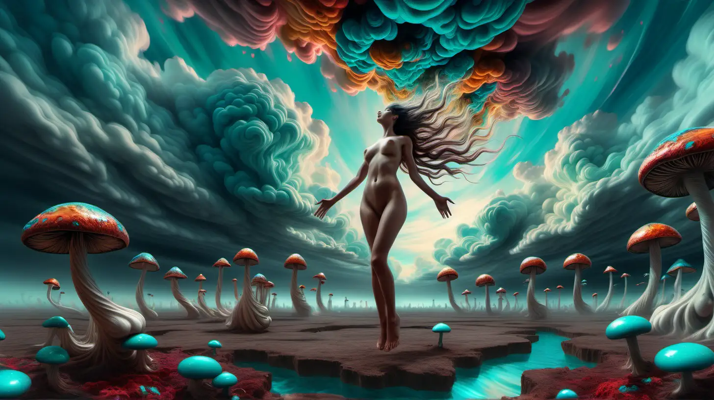 Psychedelic sky with dramatic swirling fluid storm , multicolored turquoise fractal mushrooms extending from the ground up to the sky on right and left, nude female figure floating in mid air facing away from viewer with clouds under her feet and up towards the sky with arms extended, hyper realistic, moody and euphoric