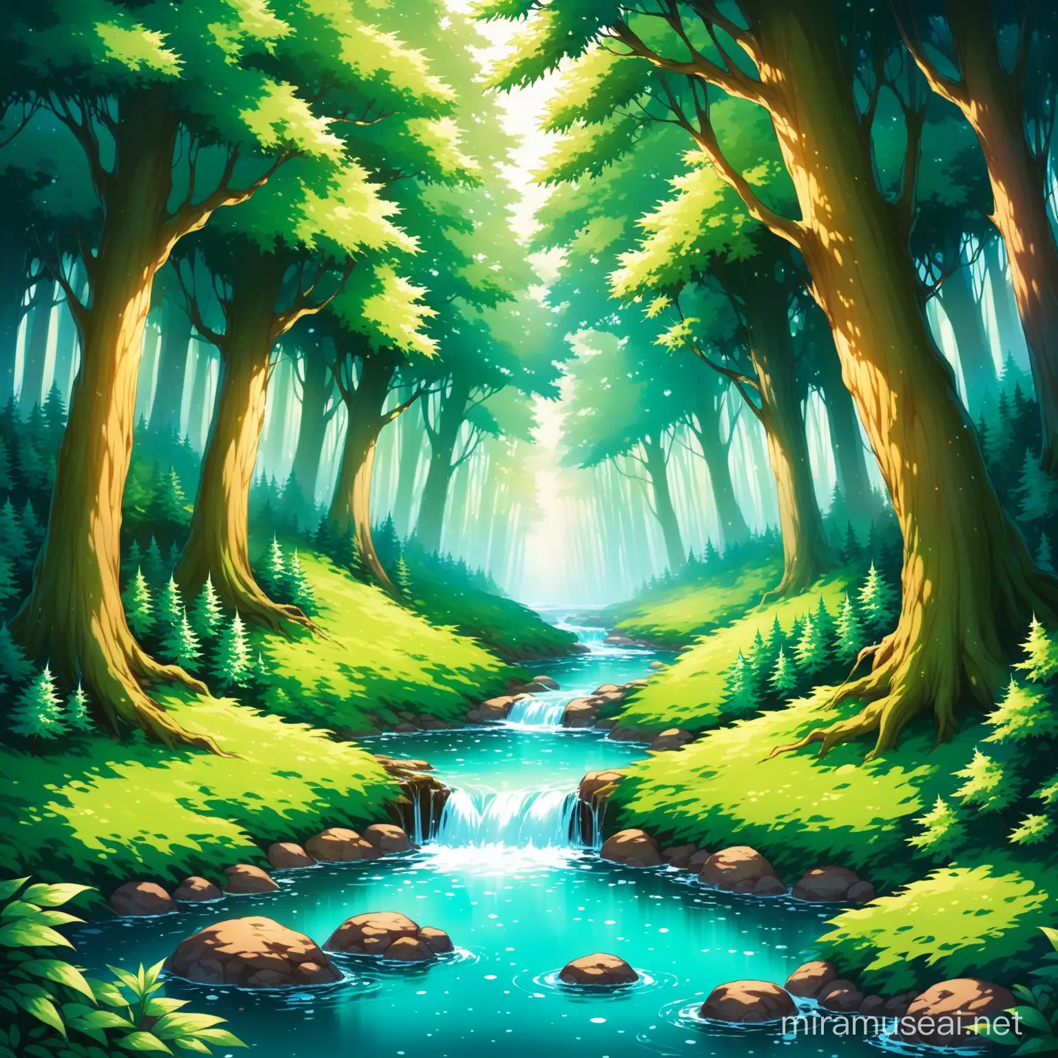 a mystical, magical fairy forest with a creek running through it. It is full of evergreen trees