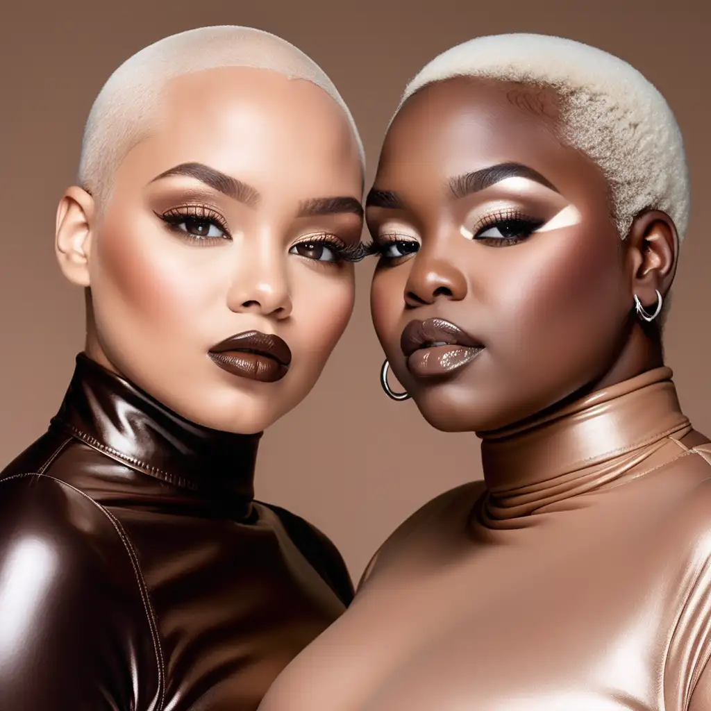 Two beautiful dark brown skin black women wearing platinum blonde bald hair. One woman is plus size. They are modeling a chocolate brown turtleneck tops. Wearing a soft pretty makeup look. One woman is wearing a chocolate colored dark lip gloss. Other  woman is wearing a nude colored lip gloss.