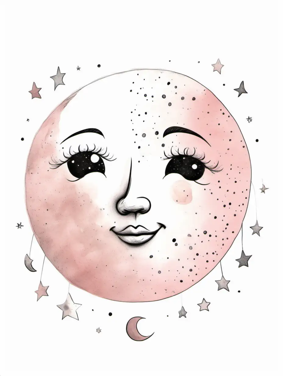 drawing of a quarter moon with a cartoon face, boho, light shades of pink, for a nursery,
Isolated white background