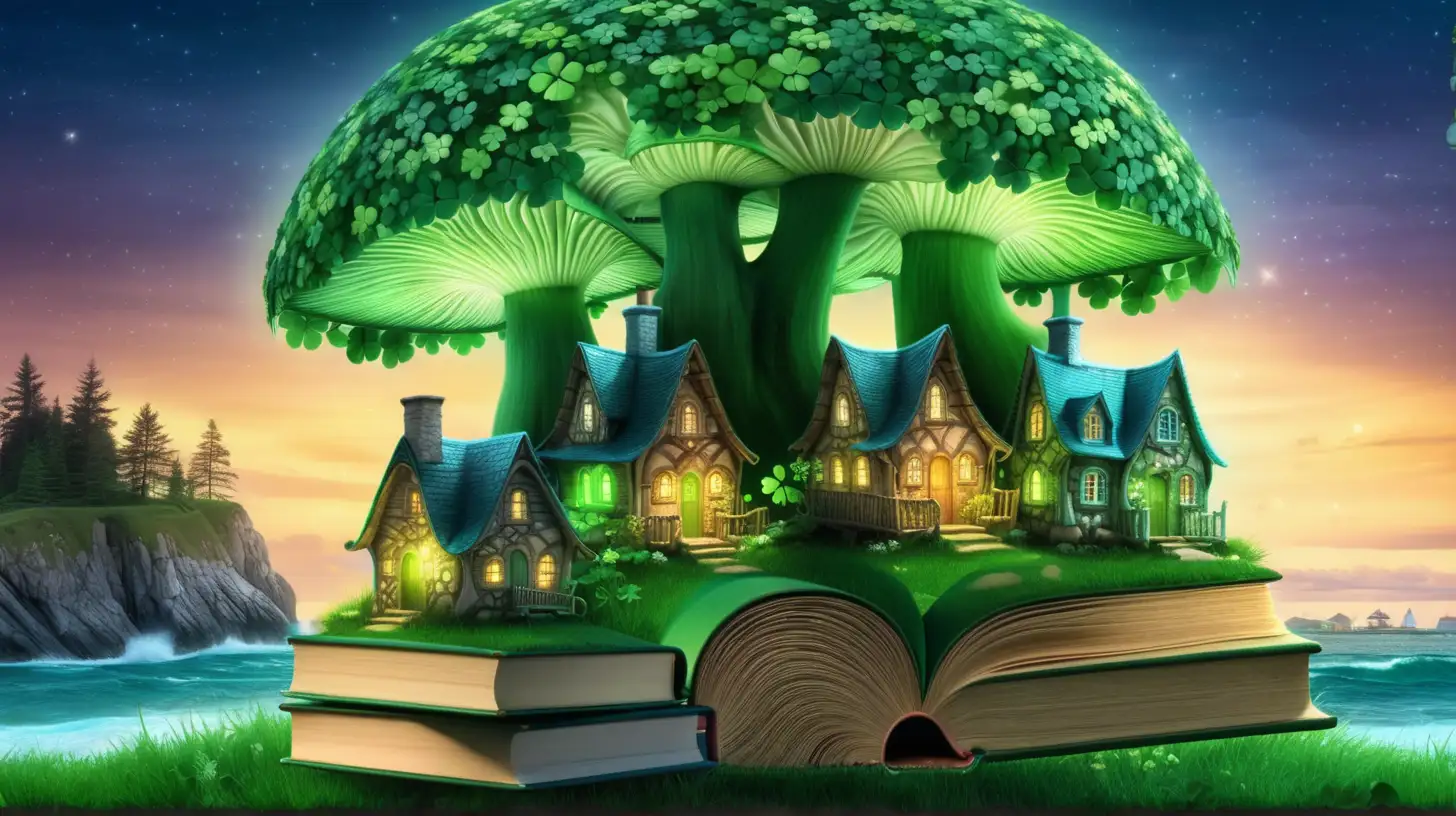 bookshelves with an ocean shore and Fairytale-magical -shamrock-mushroom-cottages-of green-glowing trees and shamrocks and  twilight sky