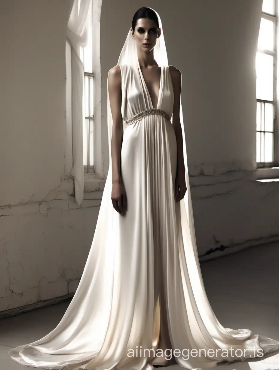 elegant long white silky dress, decorated with a transparent draped white veil. high-quality, detailed, elegant, ethereal, black and beige tones, RAW