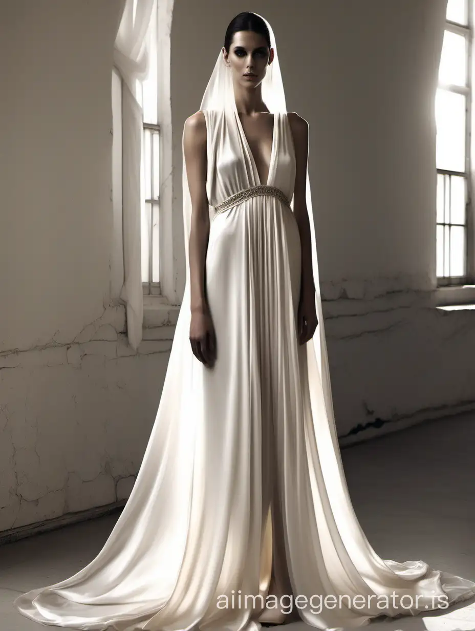 Ethereal-Elegance-Detailed-Black-and-Beige-Toned-Silky-Dress-with-Draped-Veil