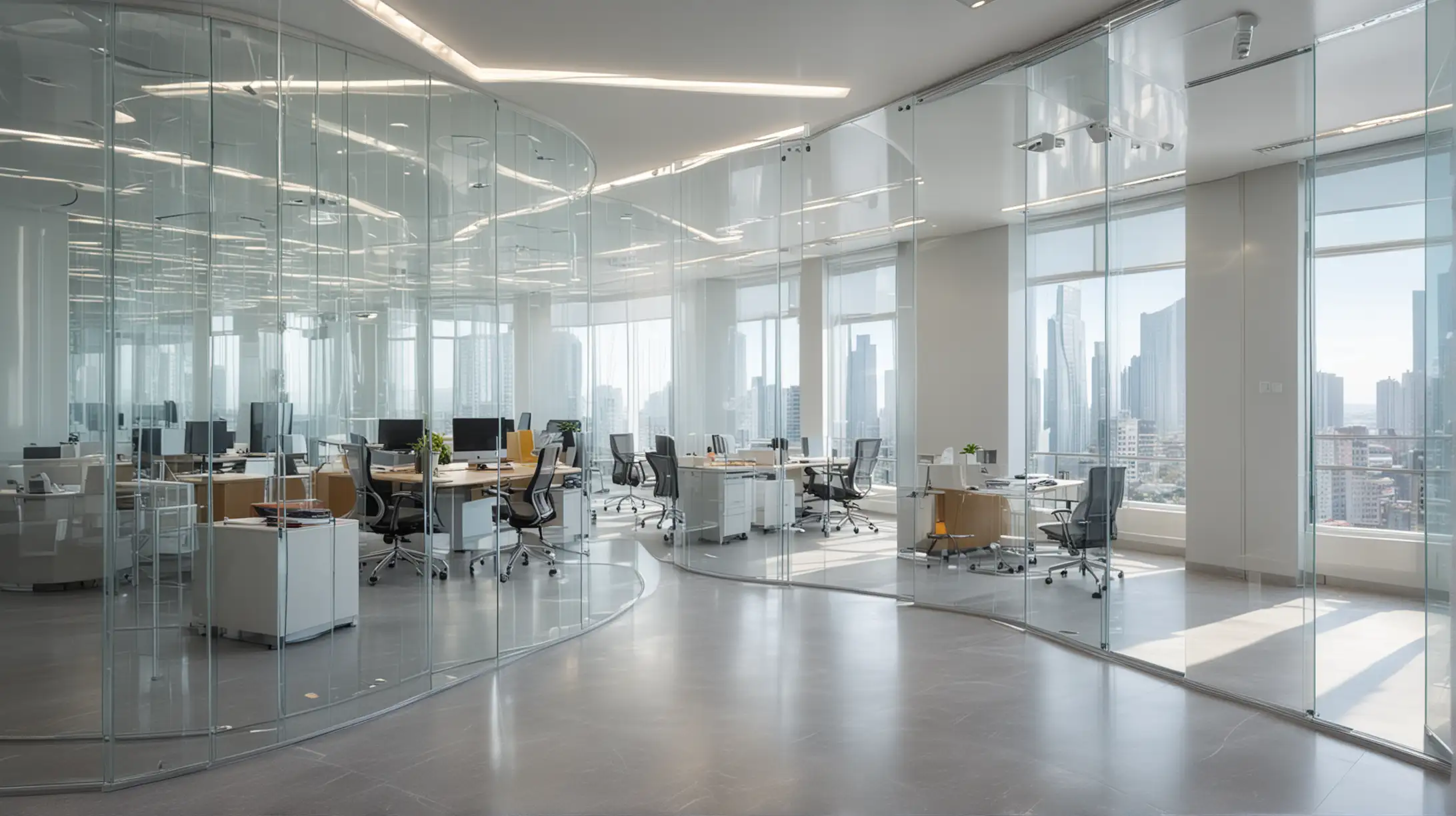 Professional photos of see-through Curved glass Partition wall, and sunny long lens office decoration, perfect perspective, highly detailed, wide-angle lens, surreal, light luxury decoration style, gray floor, white ceiling, polarized filters, natural light, bright colors, everything is clearly focused, HDR, UHD, 64K