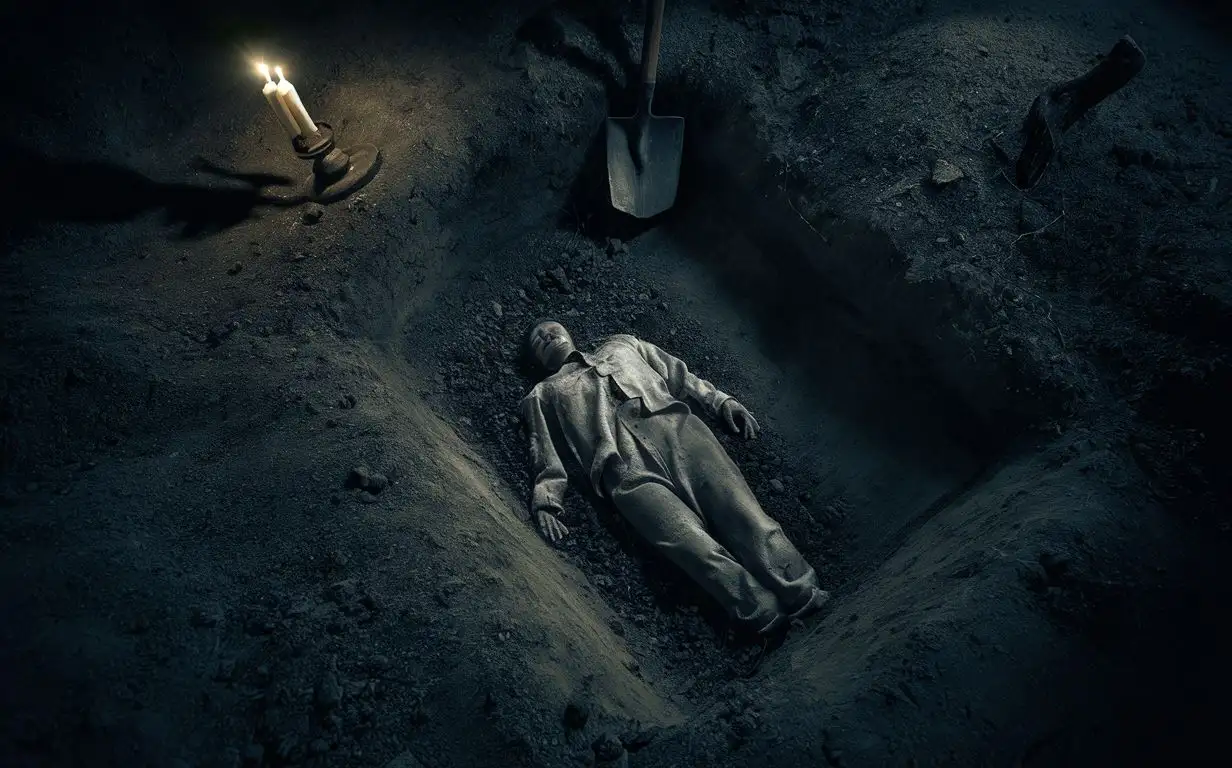 it can be seen from above that in the evening the surroundings are dark, lying dead inside the dug grave. The soil is dug up, a shovel, a candlestick radiate dim light.