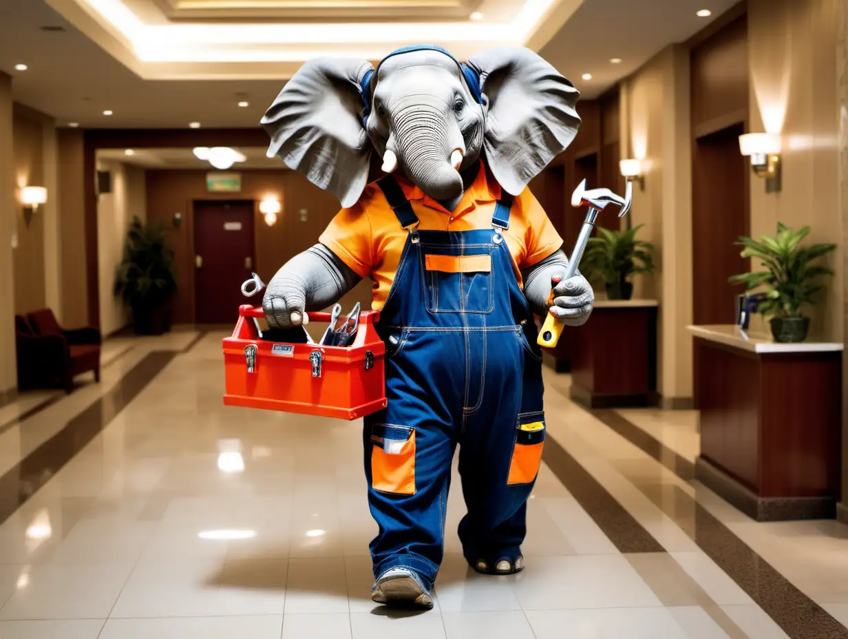 An elephant, dressed as a maintenance man, wearing dungarees, holding a toolbox in one hand, a wrench in the other hand,  in a hotel lobby
