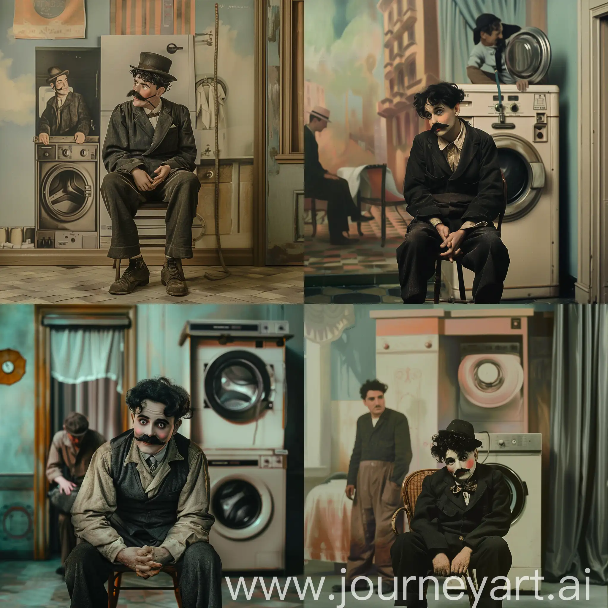 charlie chaplin sitting on a chair waiting for the repairman of his washing machine to finish his work, looking at the camera and smiling. Behind him is an image of a hotel room, high quality, super real, with calm colors