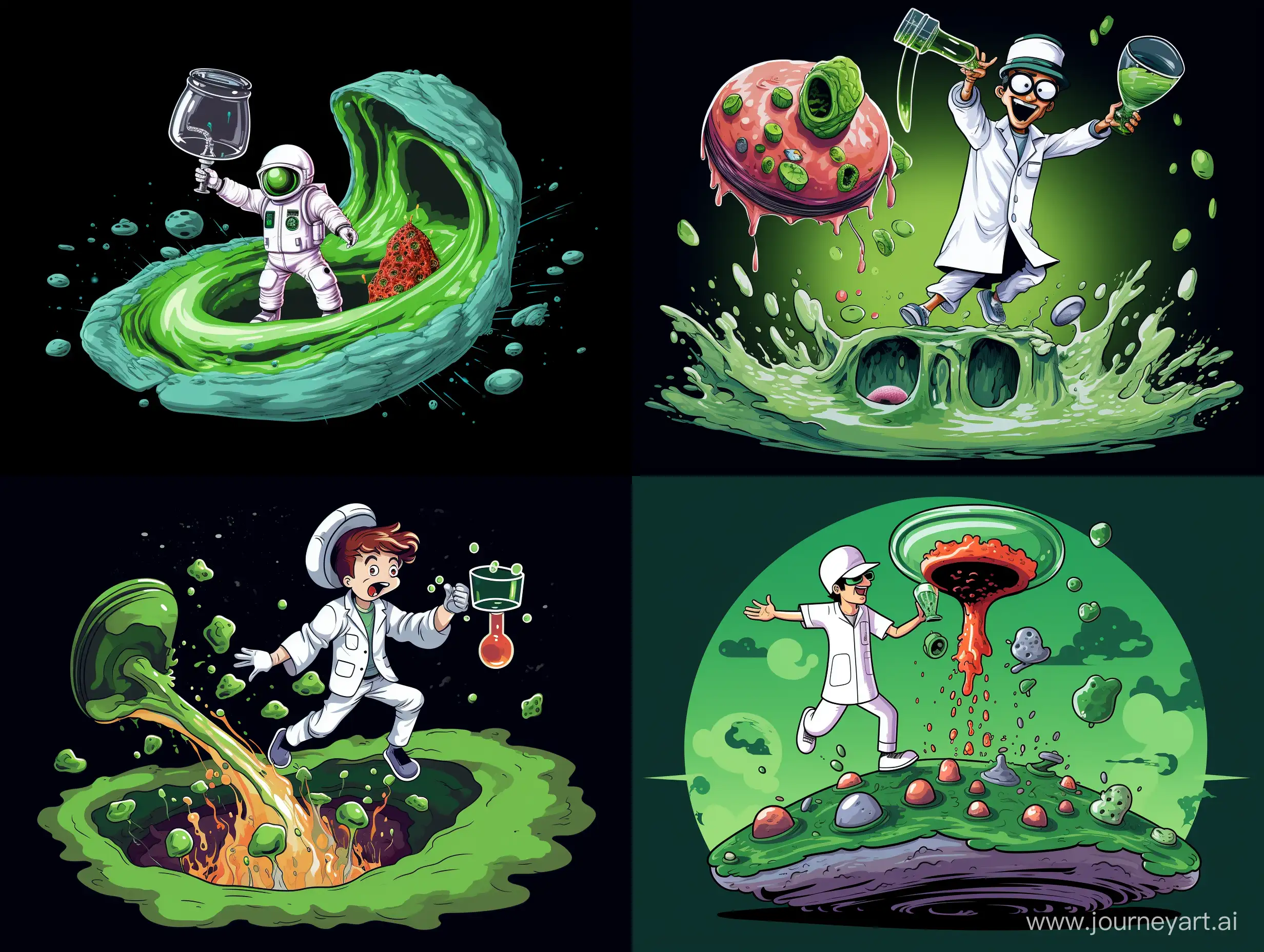 Picture a chemist wearing a lab coat, a T-shirt with a mushroom on it, baggy hip-hop jeans, and an astronaut helmet. While willingly falling headlong into a huge black hole that opens into a wormhole. He holds a flask half-filled with a green liquid in one hand and a half-eaten psilocybin mushroom in the other.
