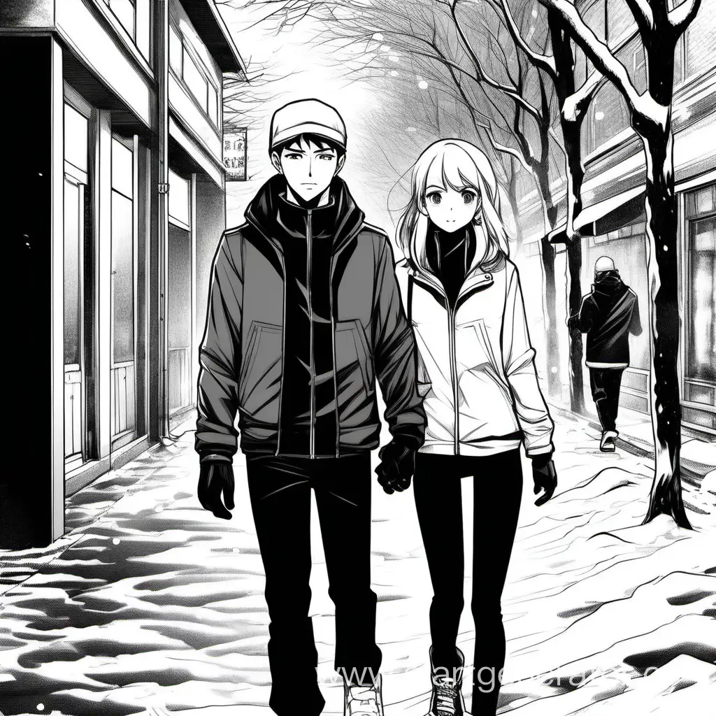 Winter-Stroll-Blonde-Girl-and-Asian-Guy-in-Black-and-White-Manga-Scene