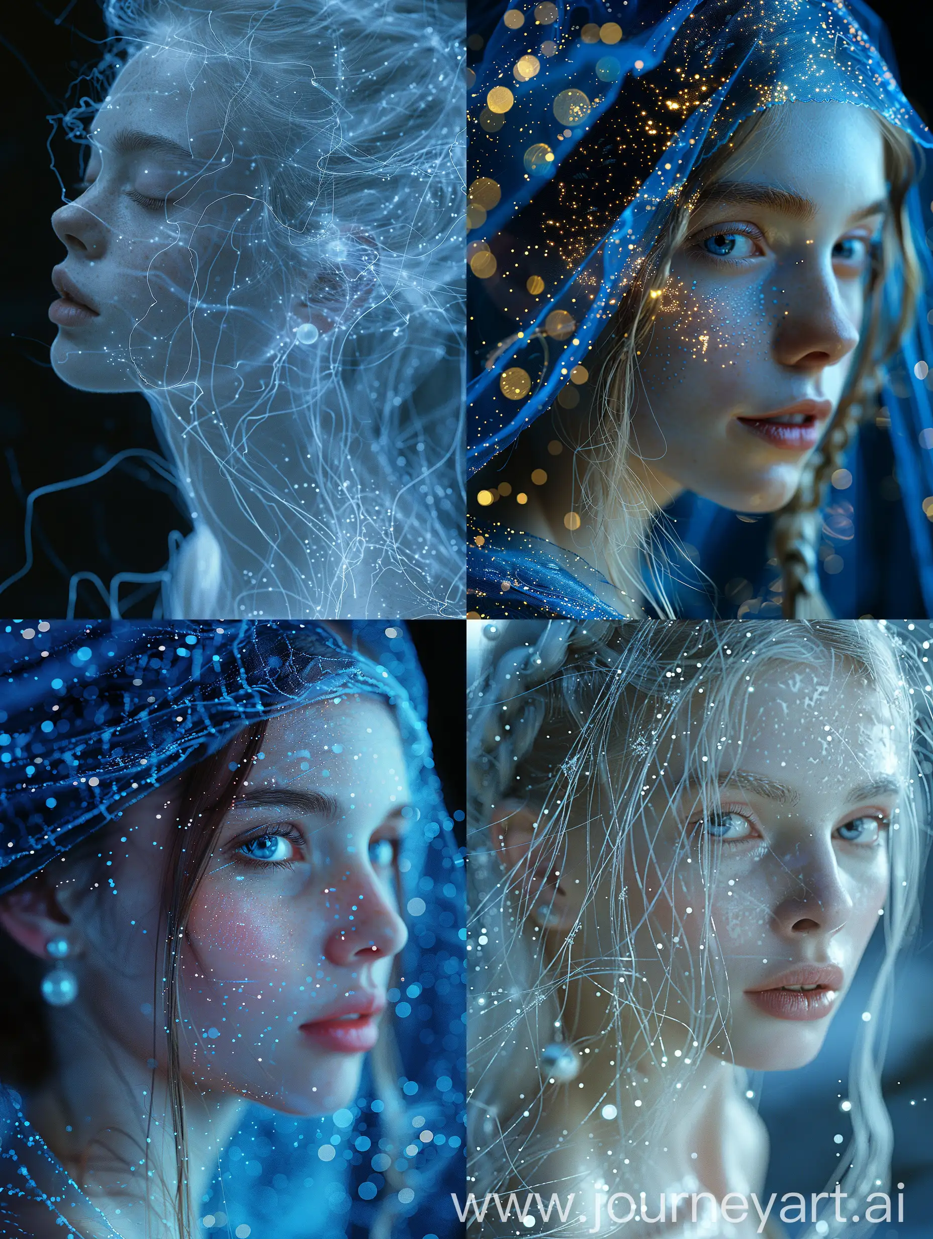 Renaissance, Leonardo da Vinci, Girl with a Pearl Earring, mythological,
vivid and energetic atmosphere with soft particles,
precise details, crystalline clarity, bokeh shapes,
(lustrous and phthalo blue colors),  (center composition),
--style raw --stylize 750