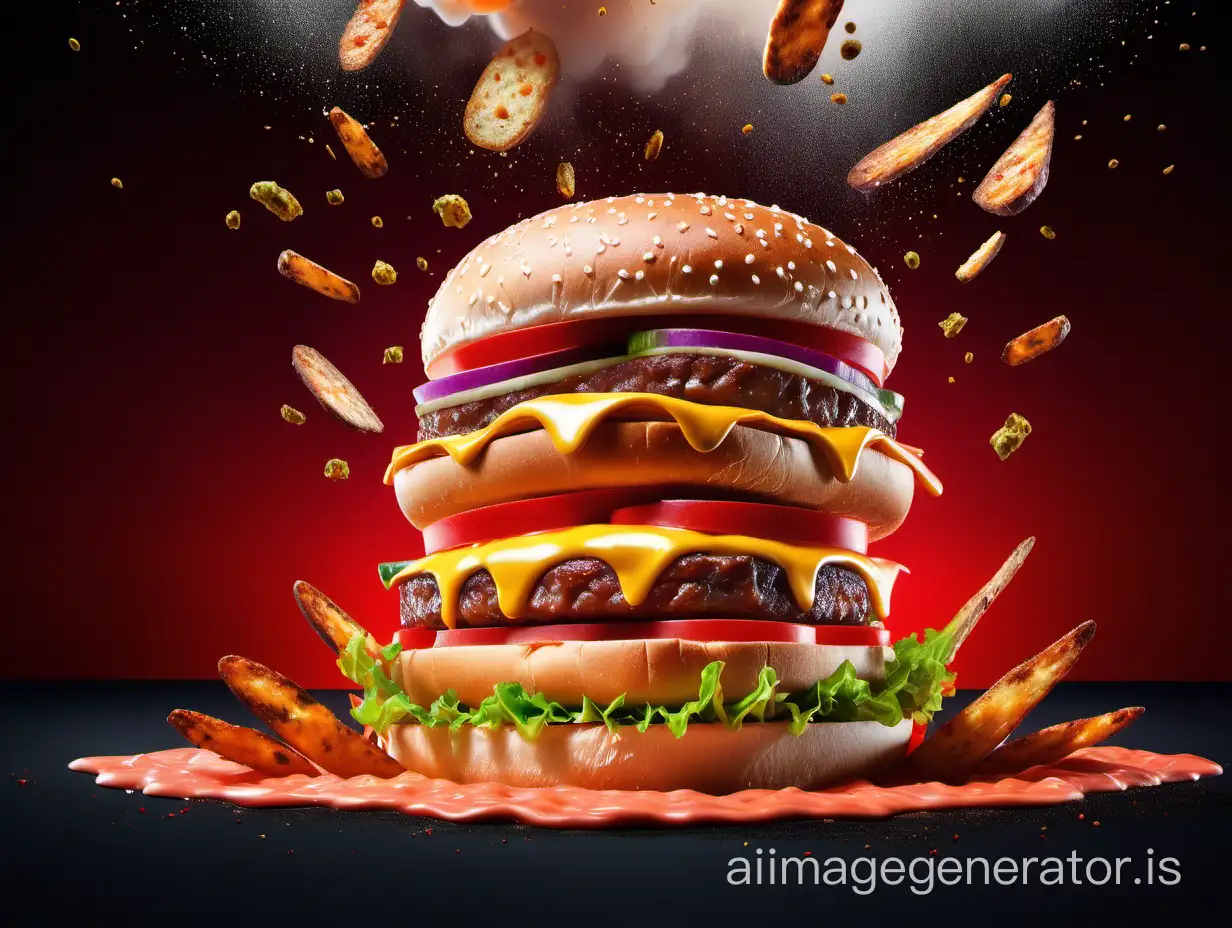 advertisement food photography award-winning triple-decker hamburger sandwich ad bright colors studio lighting shooting menu restaurant advertising concept, floating in zero gravity, explosions in background