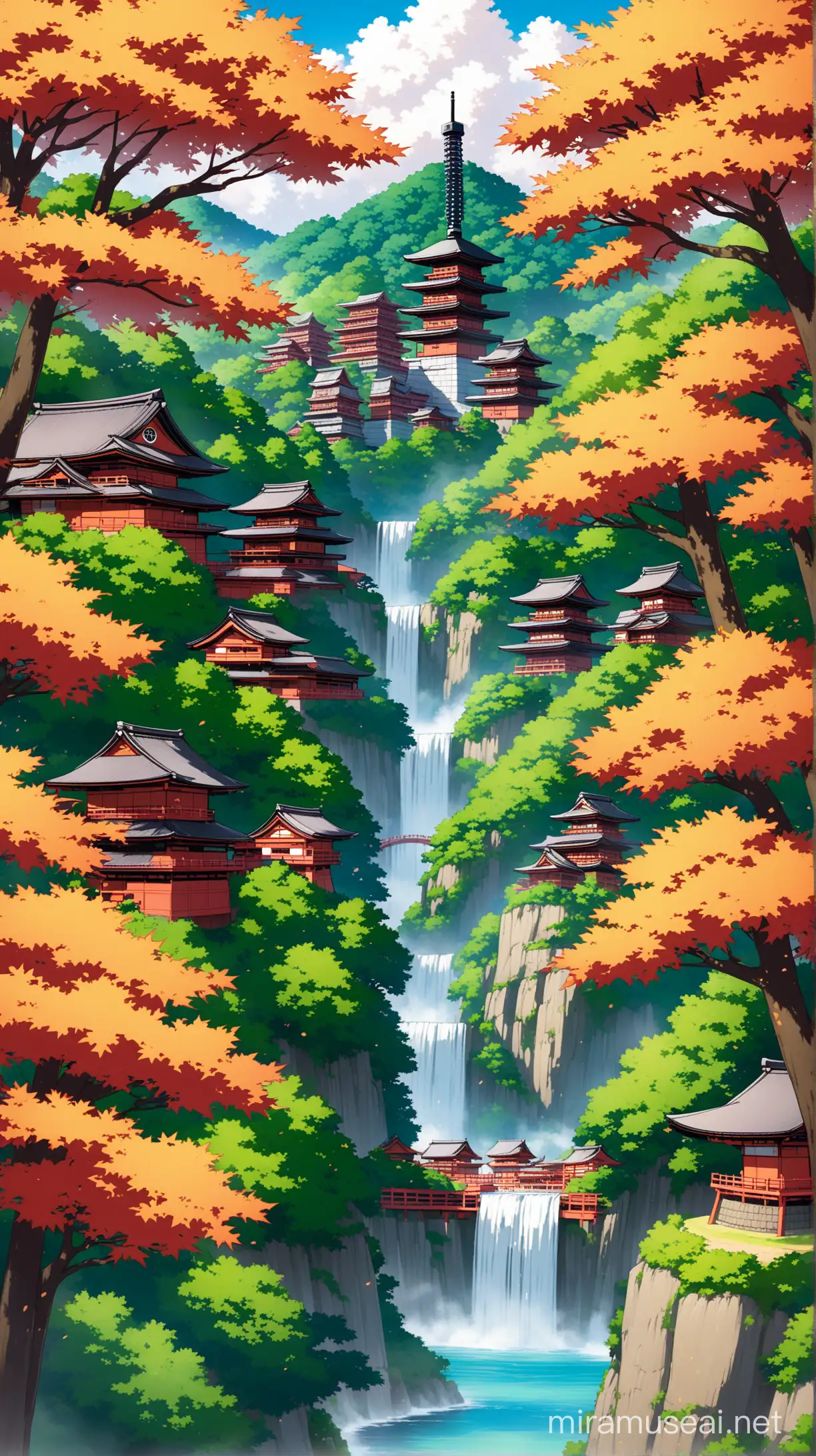 Hidden Leaf Village (Konoha) from Naruto: Depict the iconic Hidden Leaf Village with its lush greenery, towering trees, and traditional Japanese buildings, featuring familiar landmarks like the Hokage's monument.