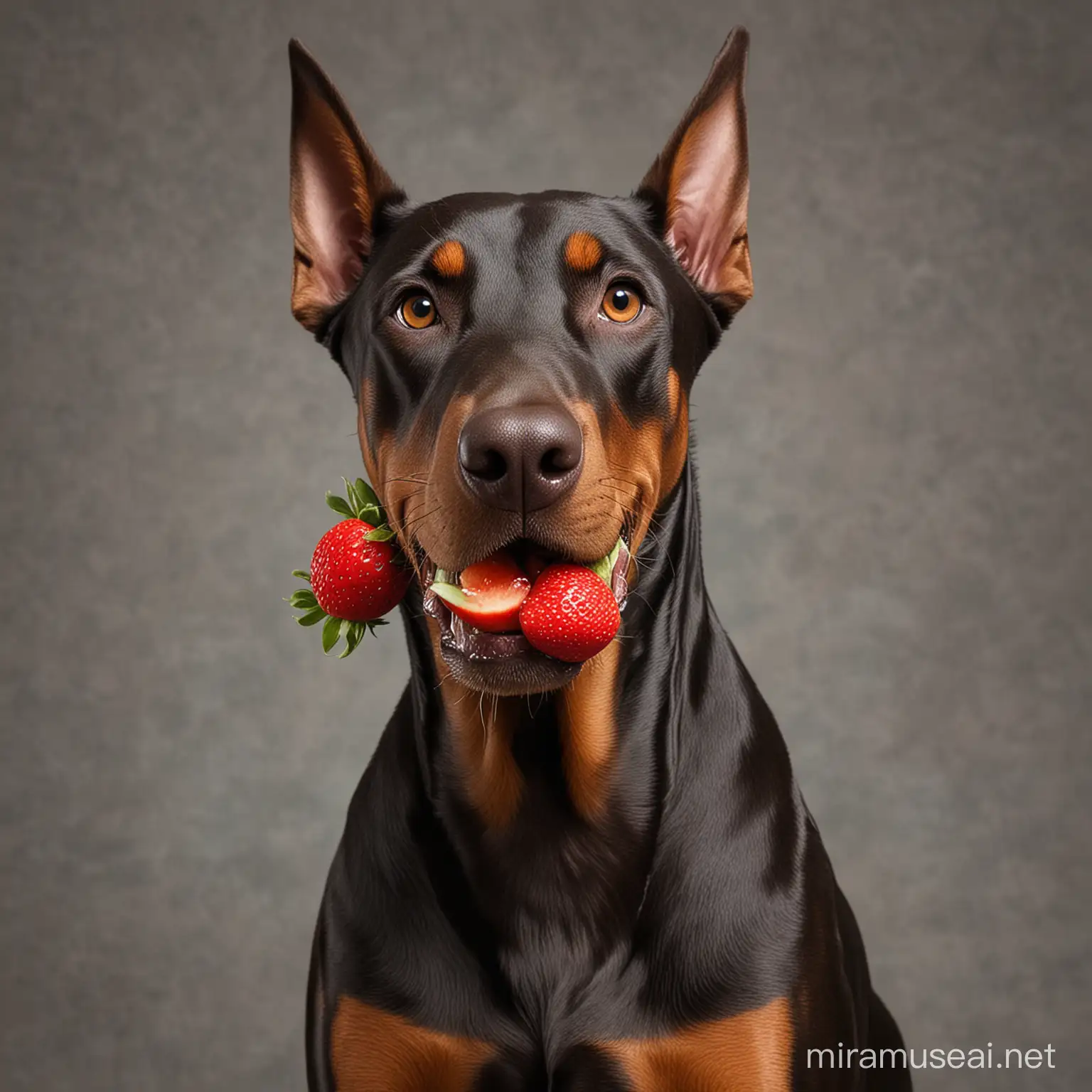 Doberman Dog Holding Fresh Strawberries in Mouth