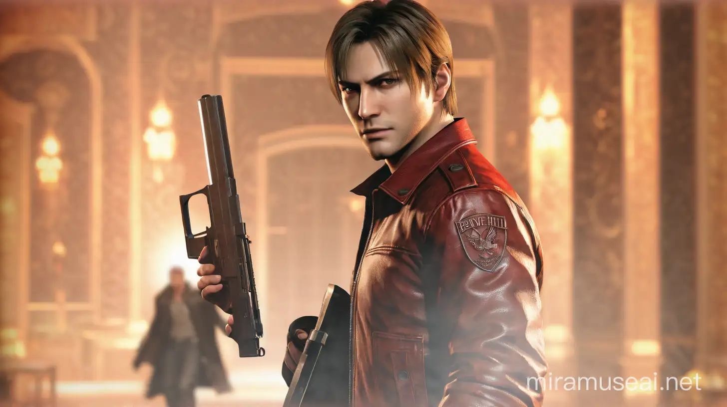 PS2 game, resident evil, silent hill, Leon Kennedy, James sunderland, Dante, game from the 2000s, red leather jacket, black hair, brown eyes.