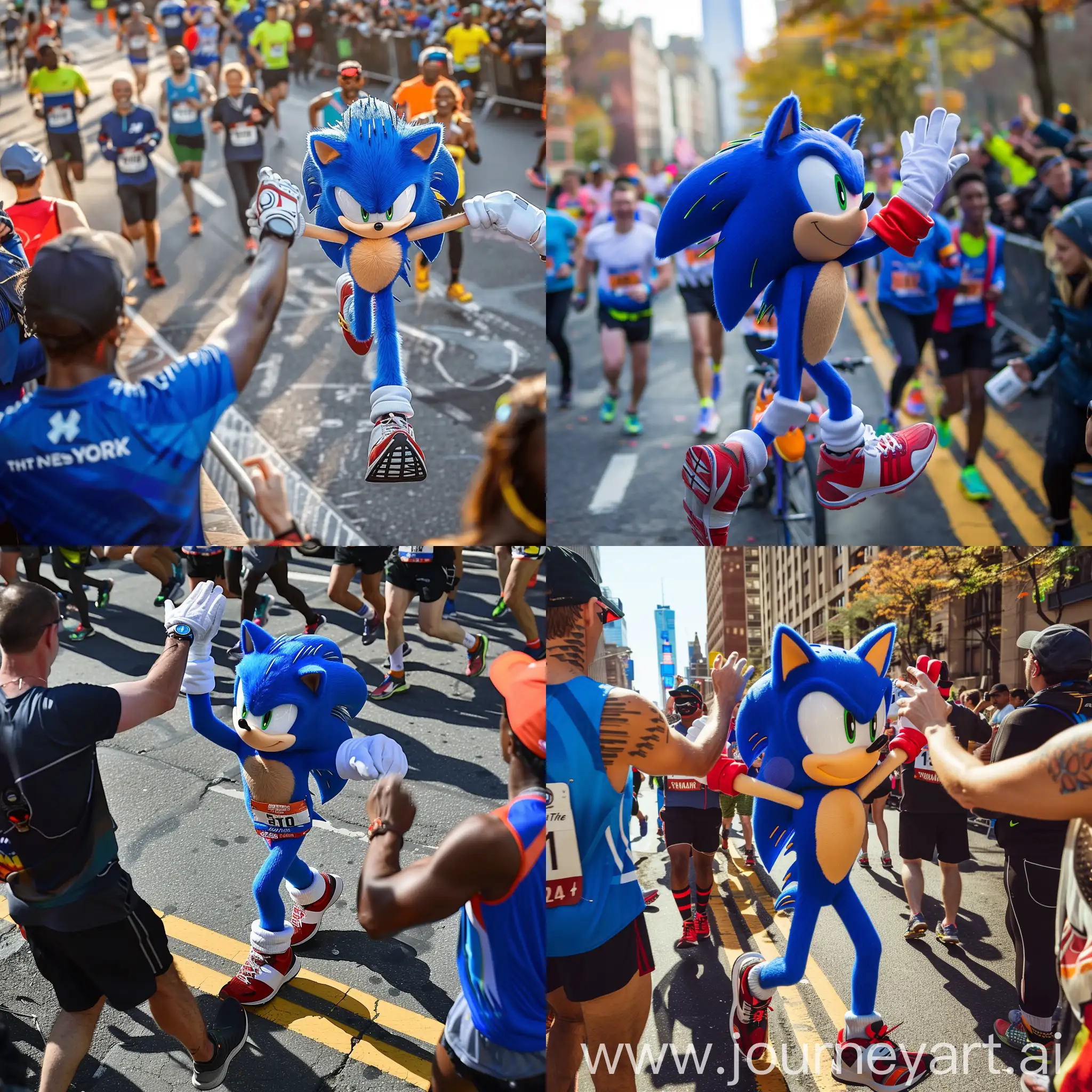 create a photo of NYC marathon runners high fiving Sonic The Hedgehog