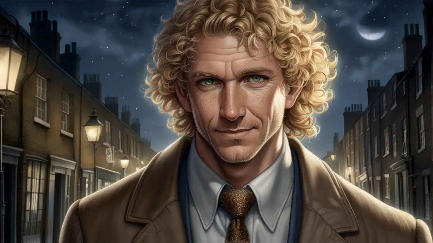 50 year old homely man, His distinct features include thick, curly blonde hair cut short above his ears, bright hazel green eyes, a noticeable gap-toothed smile, and a freckle-covered face. Wearing an open collar shirt and tie Set the scene with the moonlight glistening on his features, creating an atmospheric and evocative image.  He is in a dark ally in old London. 