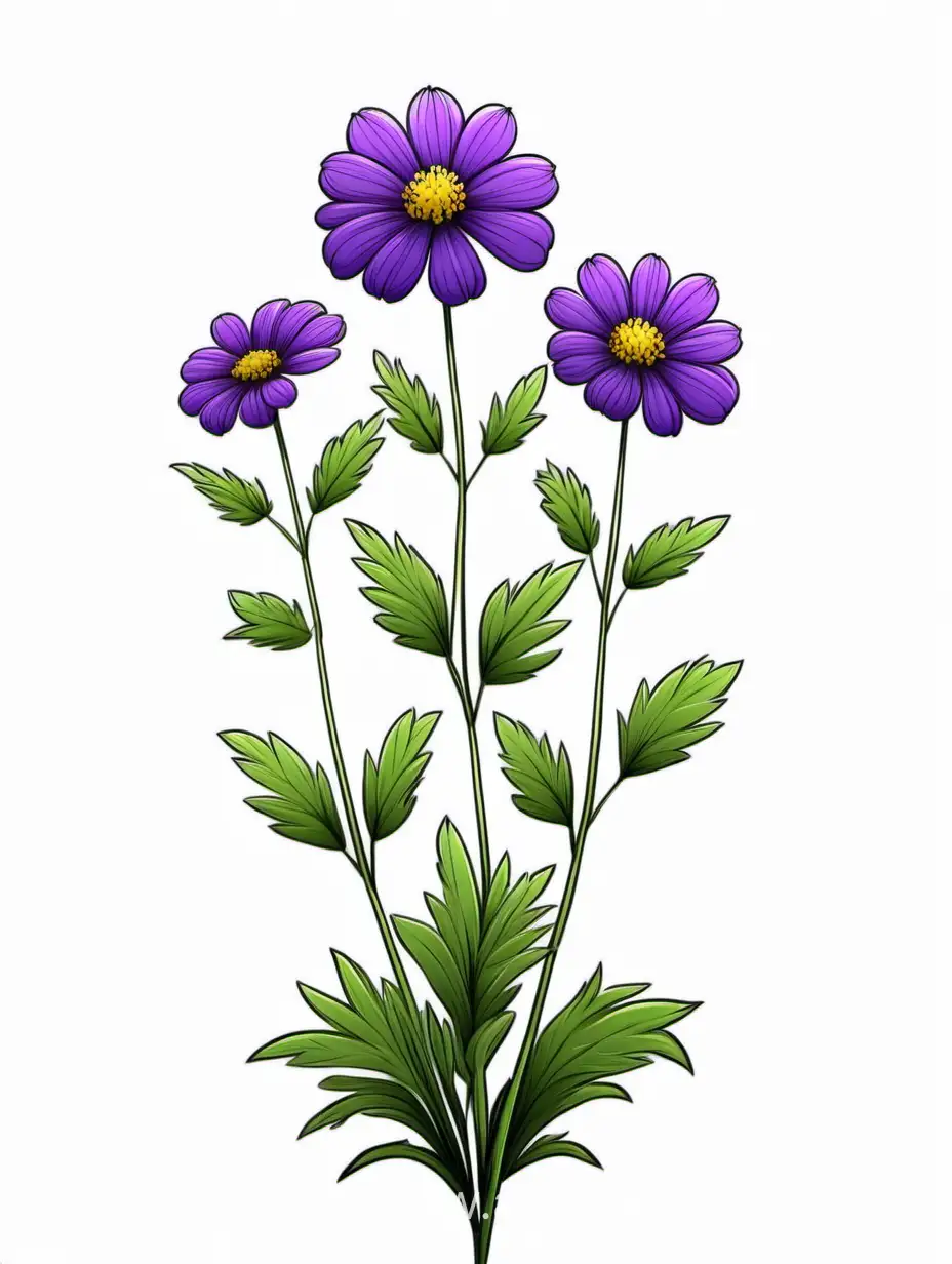 Purple Big wildflower 3 plants lines art, simple, herb, Unique floral, botanical ,grow in cluster, 4K, high quality, white background,