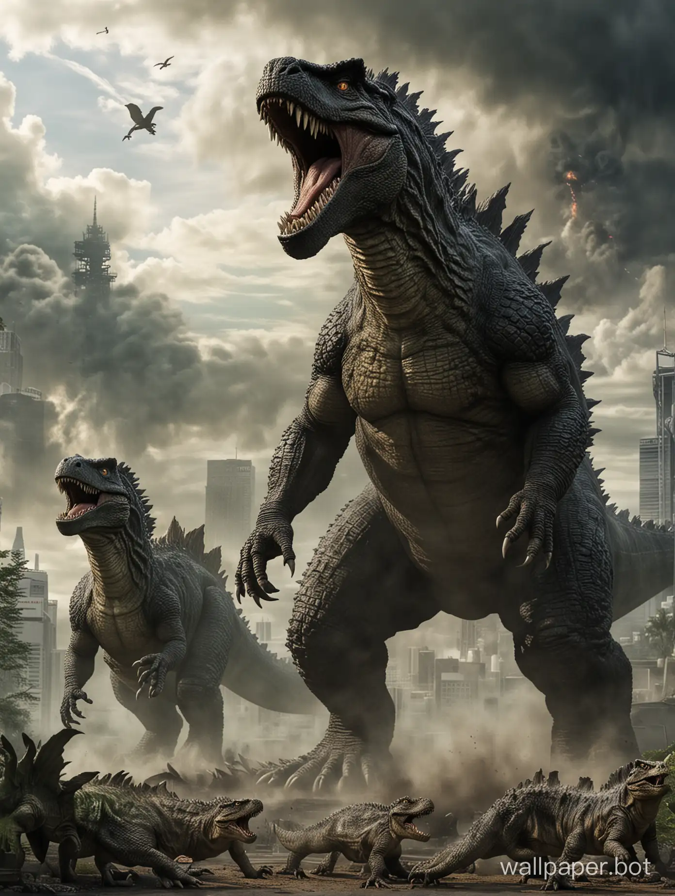 Godzilla from movie godzilla and t-rex from movie jurrasic park.