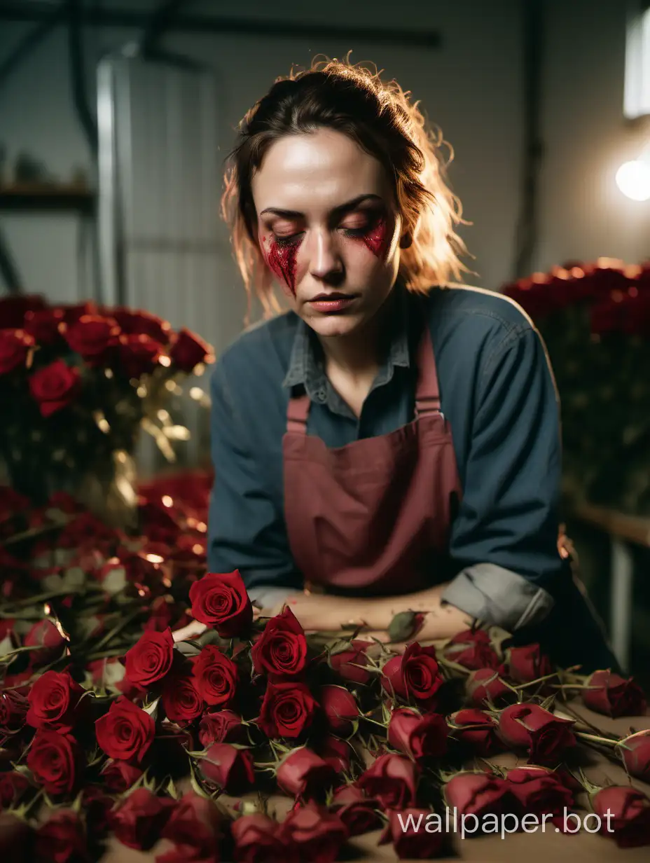 portrait sharp wide shot photography of an exhausted florist from stripping 1000 red rose stems, 35mm, surrounded by red roses, wearing dirty comfortable clothing, natural makeup, glowing skin, florist workroom, golden hour lighting, excellent visual focus on the face, eyes and clothing through the processing of light and textures of the fabric, surreal nature --c100 --s 80 --w 35