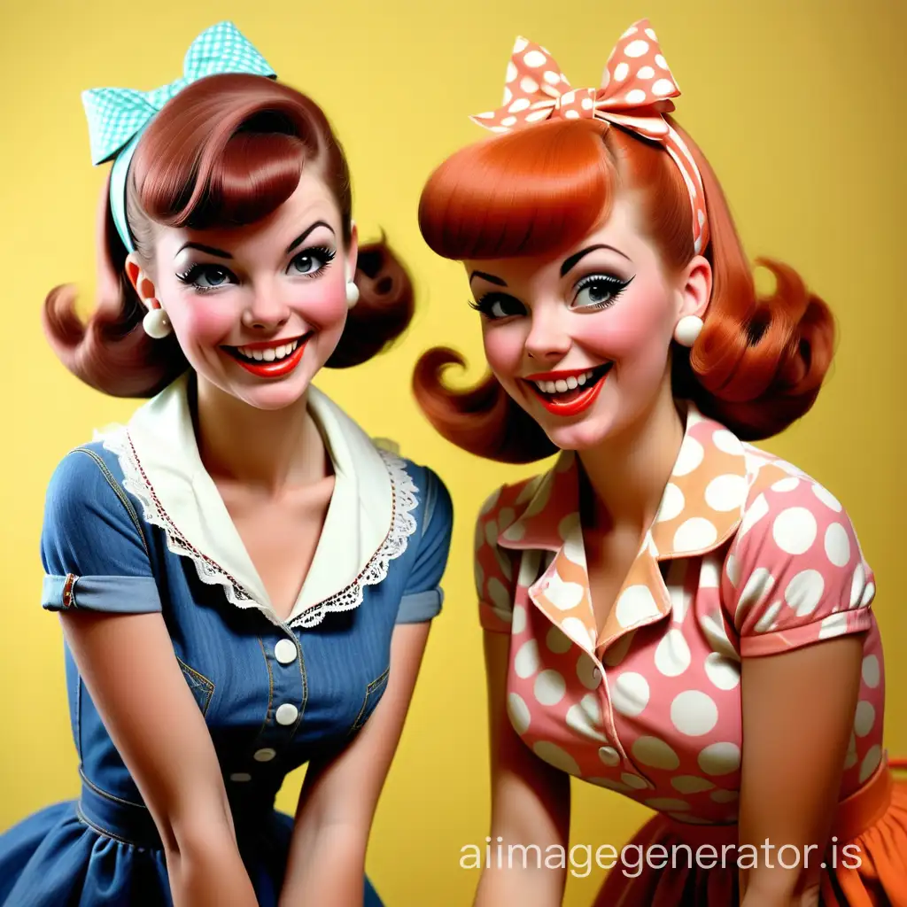2 cheerful girls from the 60s brightly dressed, one in jeans the other in a dress - whisper in pinup style