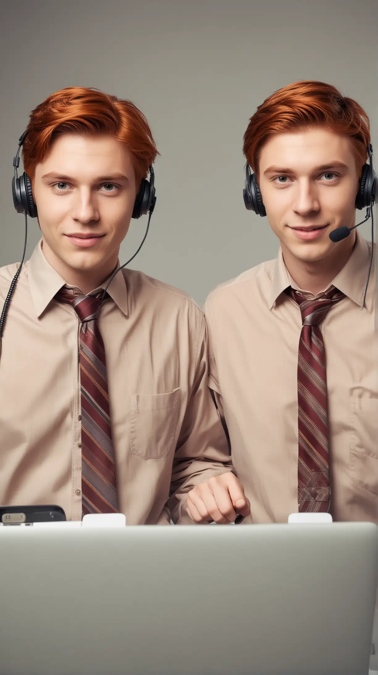 zwei jungen Männer die sehen aus wie Fred und George in einem modernem Callcenter