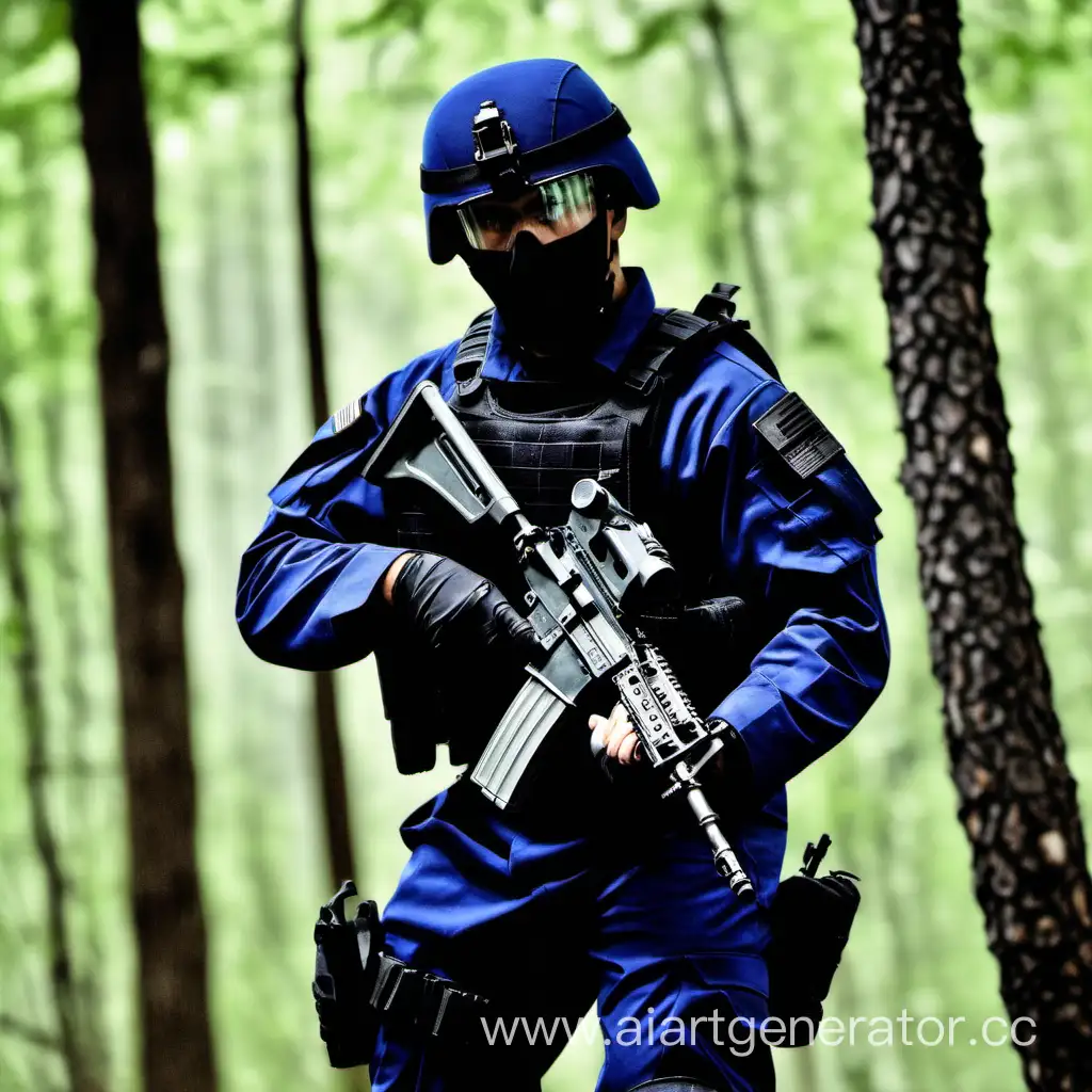 Blue-Uniform-Soldier-in-Black-Tactical-Gear-amidst-Woodland-Scene