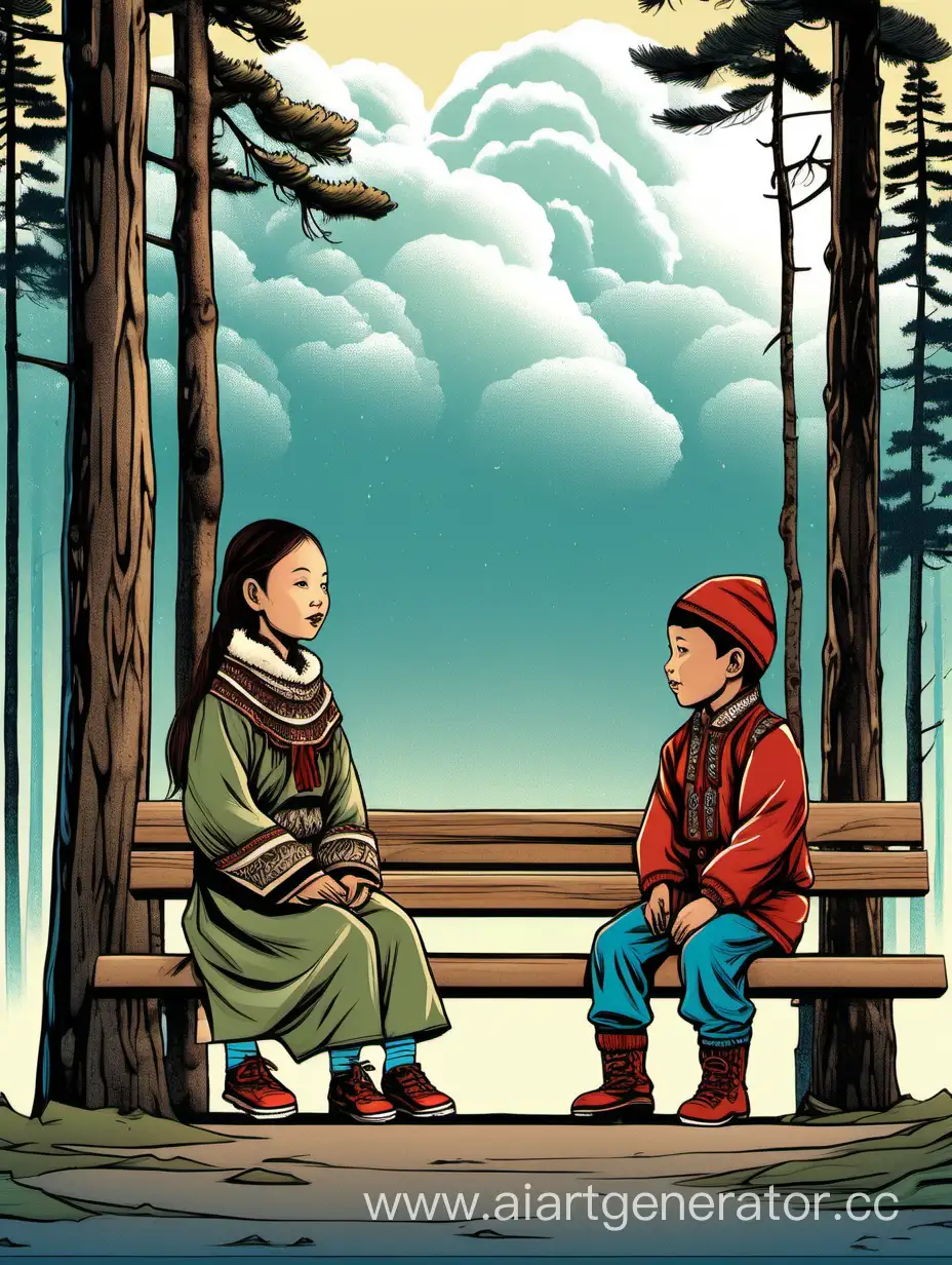 девочка и мальчик якуты, в национальной якутской одежде разговаривают между собой в парке, сзади них сосновый лес, скамейки и уличные фонарные столбы, над ними висит разговорное облако, техника векторное изображение
