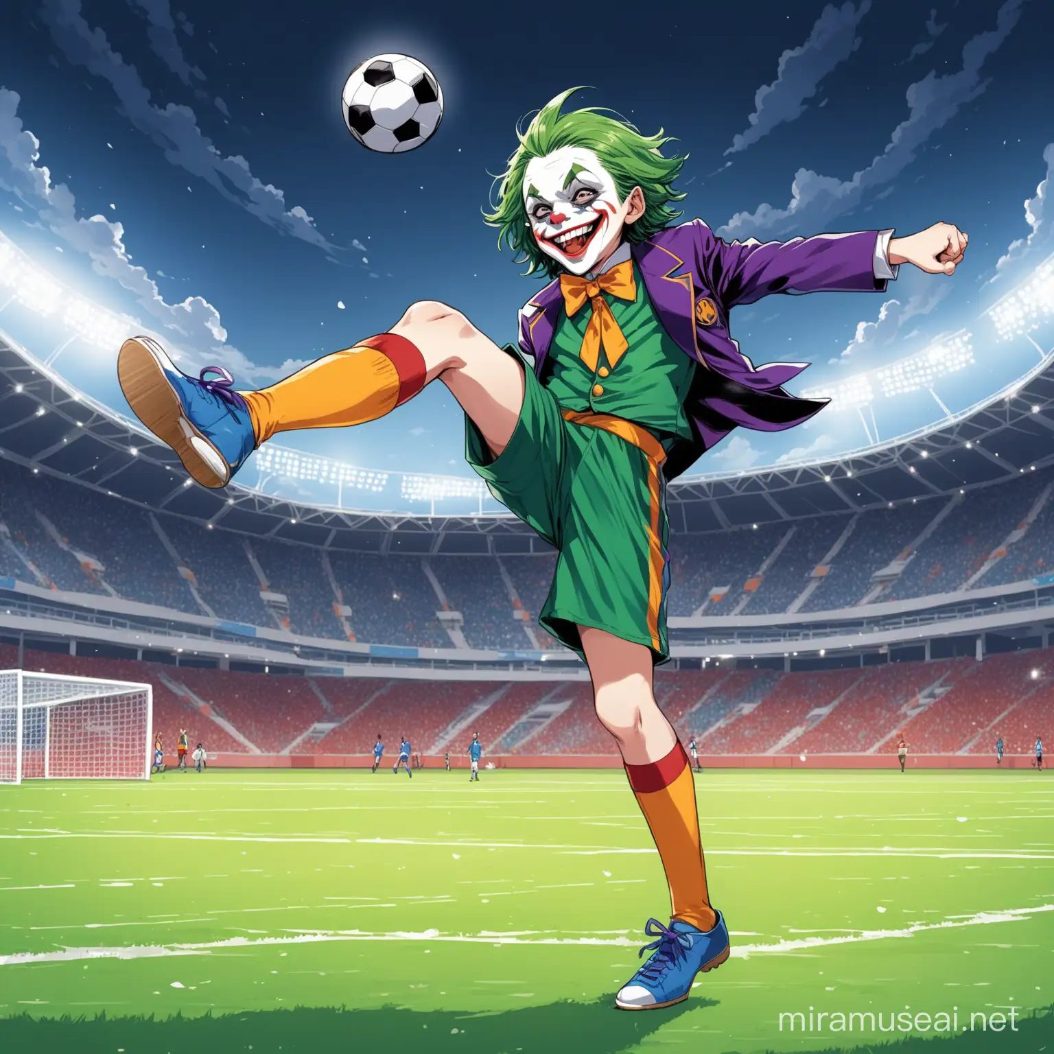 kid joker kicking football at football stadium