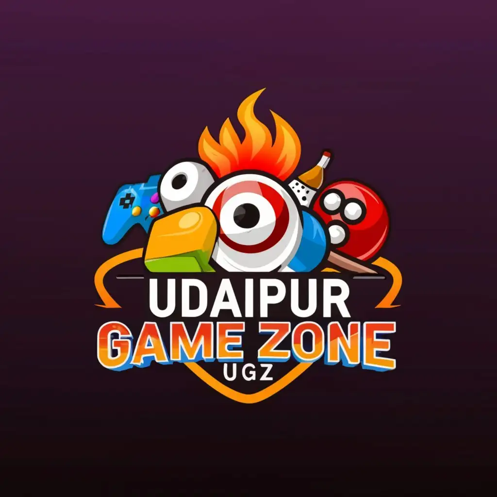 a logo design,with the text "UDAIPUR GAME ZONE UGZ", main symbol:SNOOKER tablem, FIREBALL, BOWLING, Fussball, GAME CONSOLE,Moderate,be used in Events industry,clear background