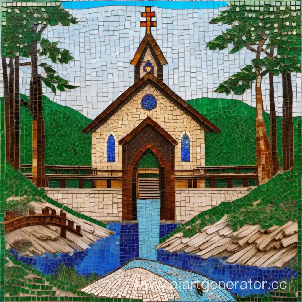 Картина мозаика: Старинная деревянная часовня соит в дали, лес, небольшая речка, мостик, голубое небо, медведь.