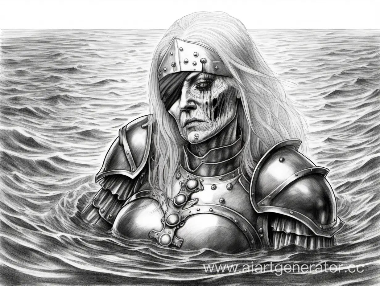 Pencil-Drawing-of-Brave-Elderly-Woman-in-Armor-with-Eye-Patch-Struggling-Against-the-Current