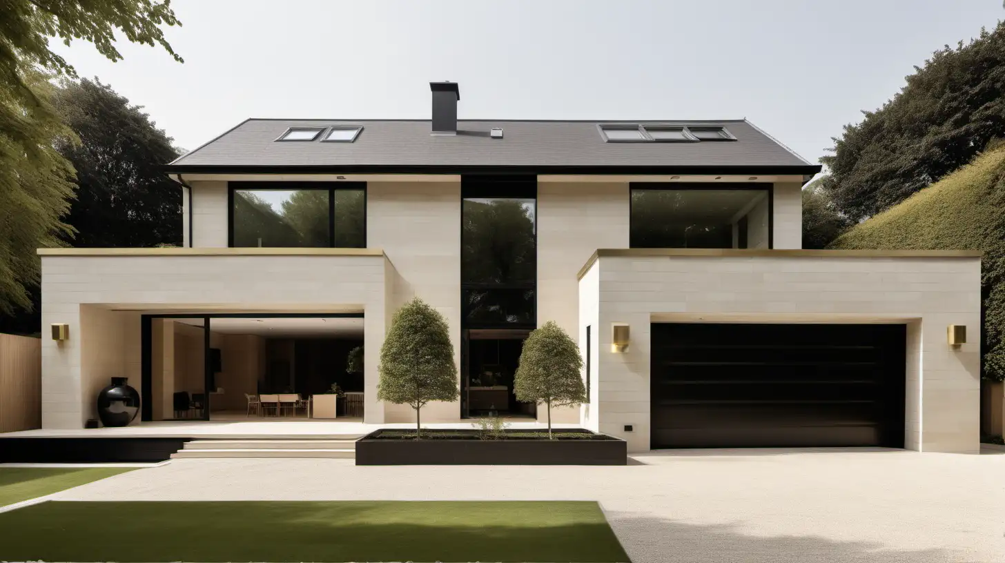 Contemporary Large Minimalist Home and Garden in Beige with Blonde Oak Limestone Brass and Black Accents