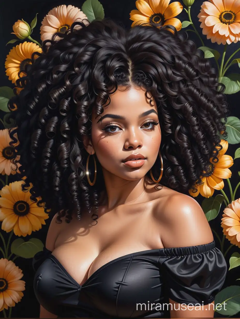 Create an oil painting image of a curvy black female wearing a black off the shoulder blouse and she is looking down with Prominent makeup. Highly detailed tightly curly black afro. Background of large black flowers surrounding her