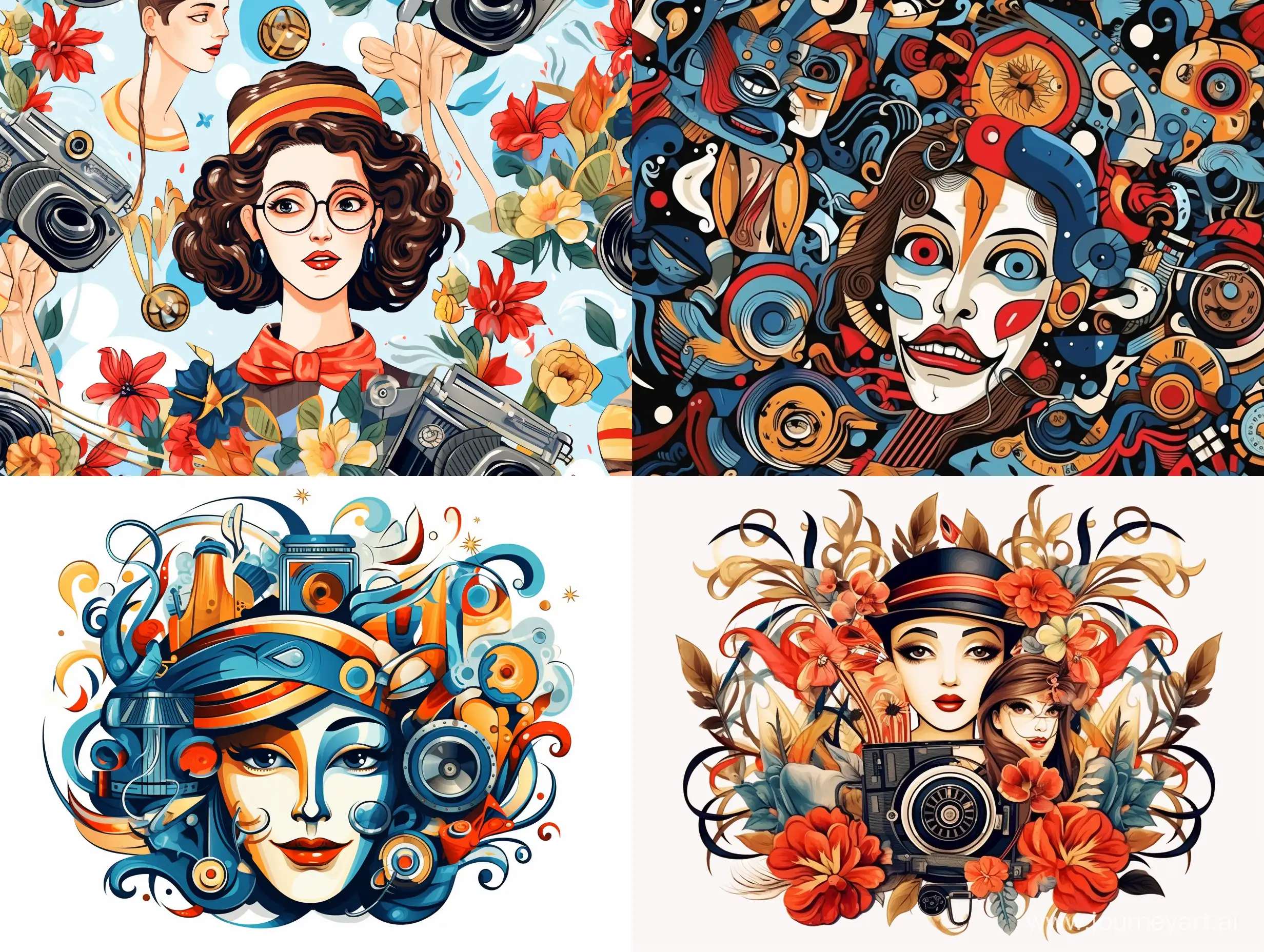 patterned ornament from the attributes of the film industry, stylized caricature, cartoon style,flat illustration, watercolor, ink, Victor Ngai style