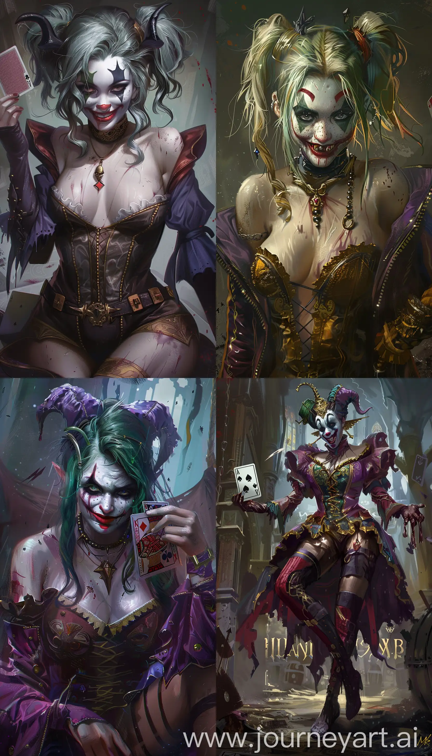  dark fantasy character art, joker  playing card, wildcard, female insane, jester --ar 4:7