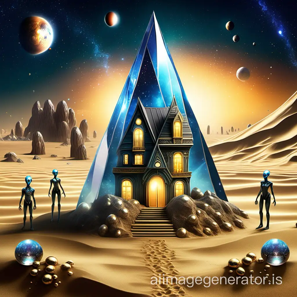 Make a picture of an alien house of crystal and diamond with crystal pillars with golden fruits growing on it. The house is surrounded by sand and dunes. Next to the house, there is a brown-skinned Martian woman who is 60 centimeters high. She has gold eyes. The sky has a lot of galaxies. In the sky, we see a tall human with pale skin, black hair, and blue eyes.